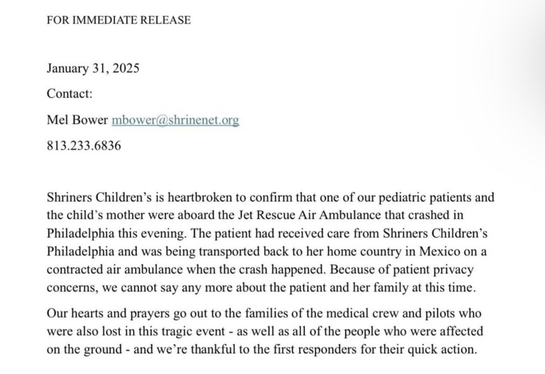 Shriners Children's Statement on Plane Crash