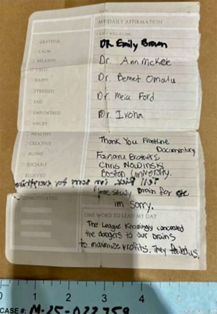 Tamura wrote in a note that he believed he had chronic traumatic encephalopathy, commonly known as CTE, a brain disease associated with head injuries and often found in former football players