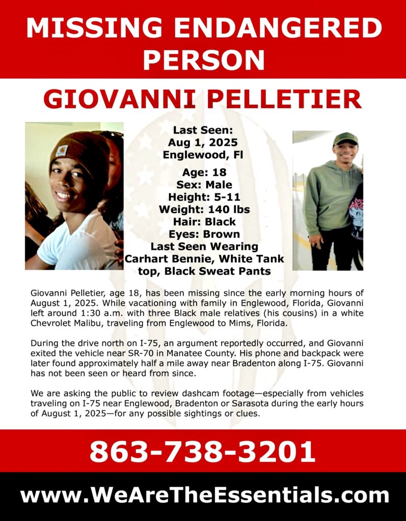 Critical Missing Person Case: Giovanni Pelletier, 18 years of age, has been missing in Englewood, Florida, with the last sighting on August 1st, 2025.