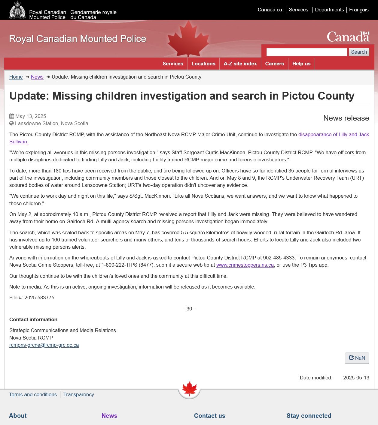May 13, 2025 RCMP Official Update on Lilly and Jack Sullivan