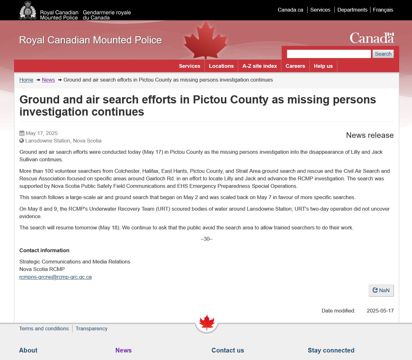 May 17, 2025 RCMP Official Update on Lilly and Jack Sullivan