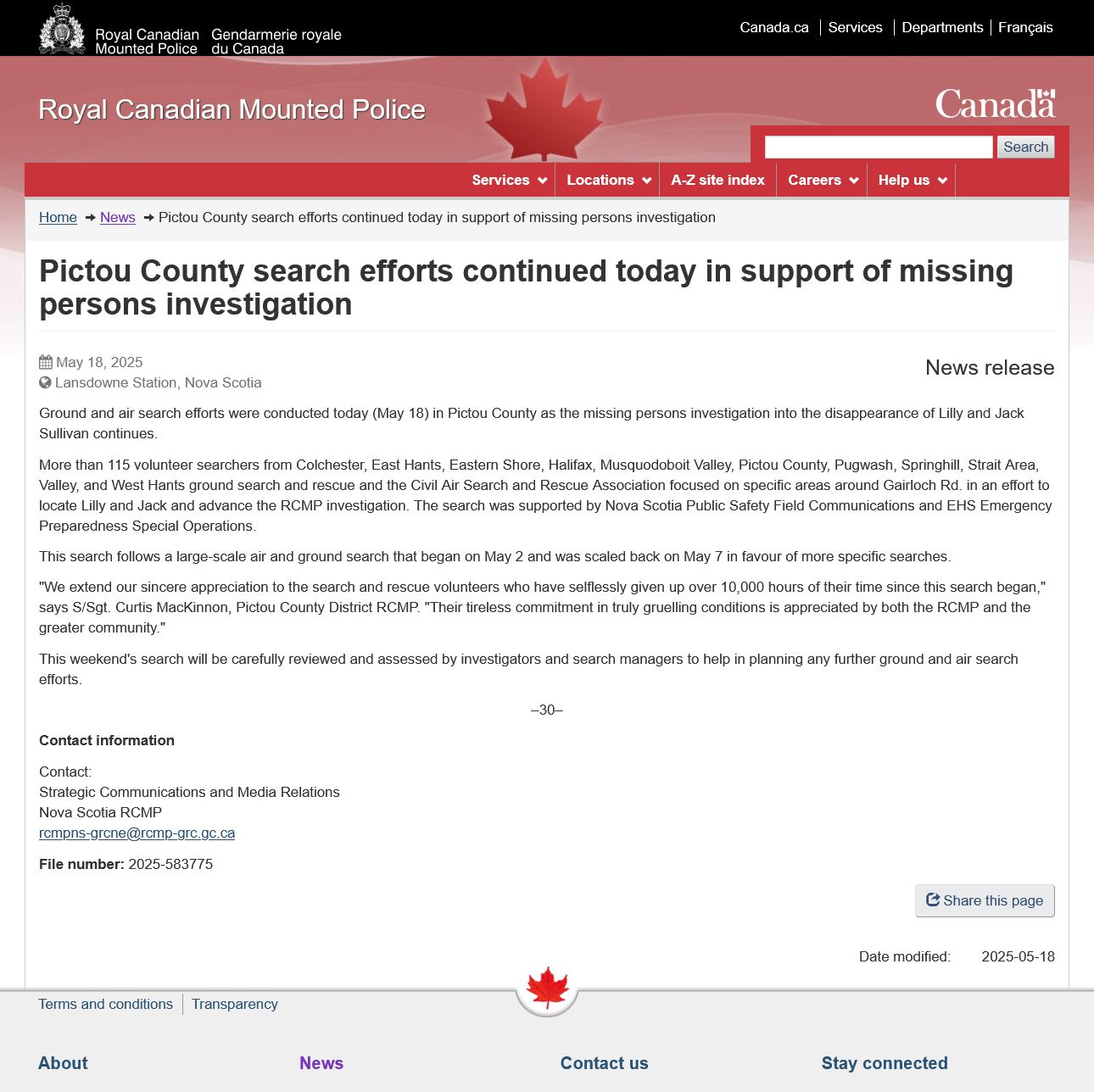 May 18, 2025 RCMP Official Update on Lilly and Jack Sullivan