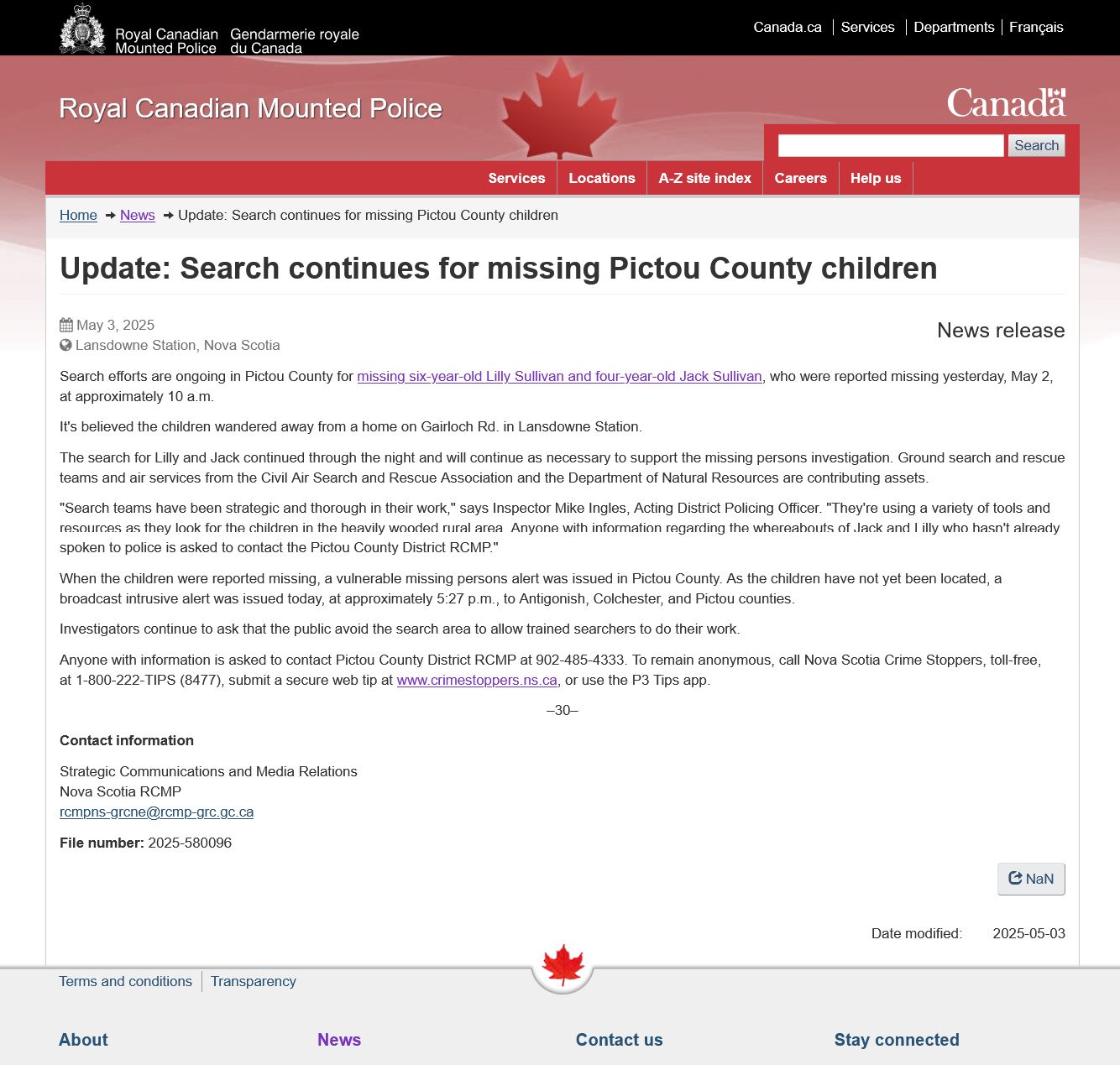 May 3, 2025 RCMP Official Update on Lilly and Jack Sullivan