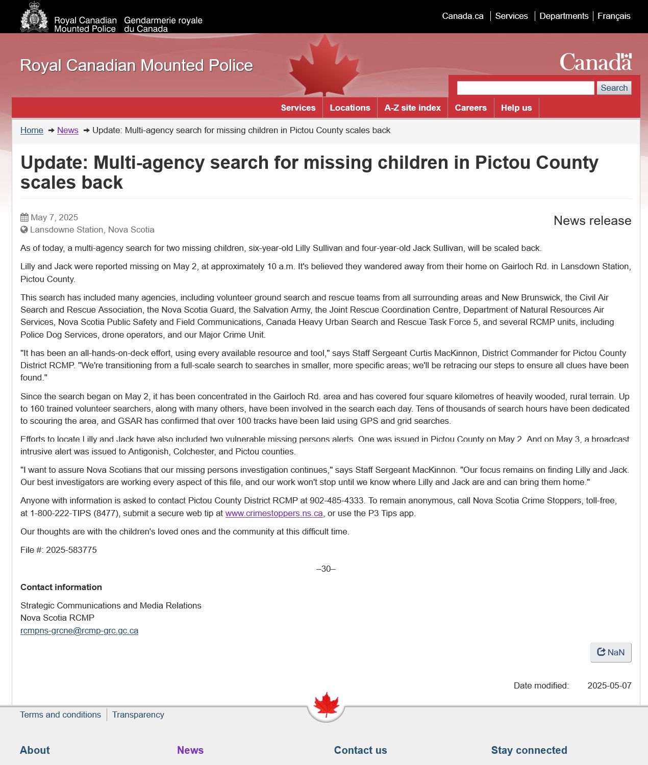 May 7, 2025 RCMP Official Update on Lilly and Jack Sullivan