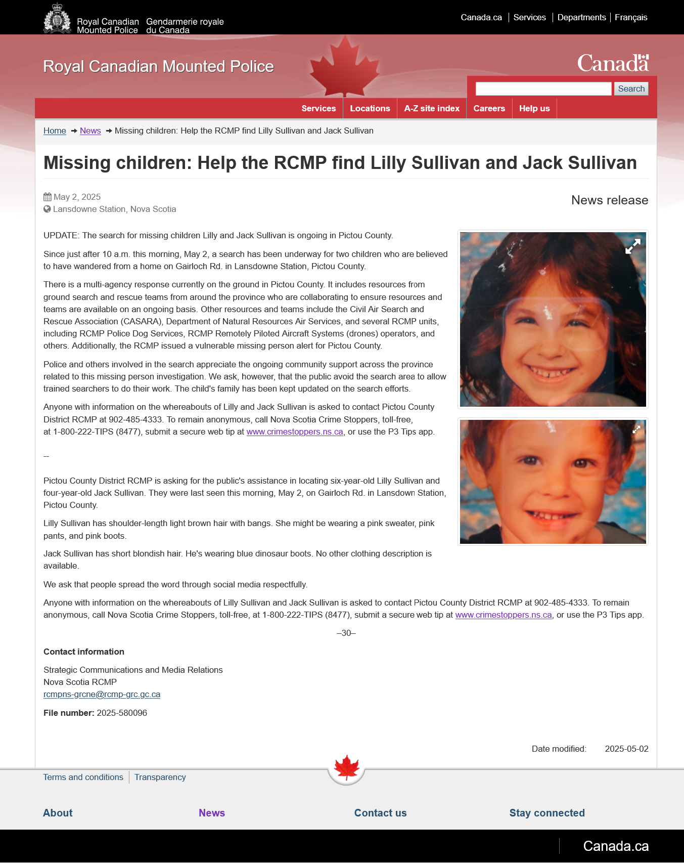 RCMP Update May 2 Missing children Help the RCMP find Lilly Sullivan and Jack Sullivan Royal Canadian Mounted Police